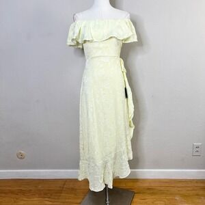 Lulus Midi Dress Yellow Floral Jacquard Off Shoulder Flounce‎ Asymmetric XS NWT